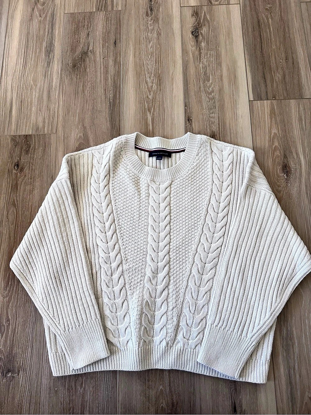 Tommy Hilfiger Cable Knit Sweater Cream White Chunky Slouchy Crop Large
